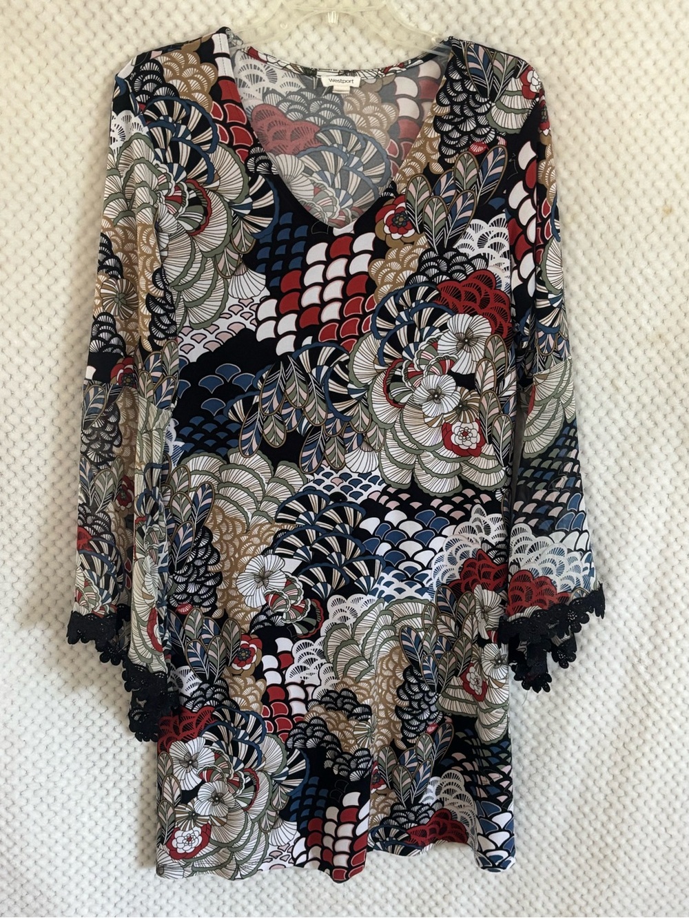 Westport Multi-Color Floral V-Neck Tunic in Black, Red & Tan